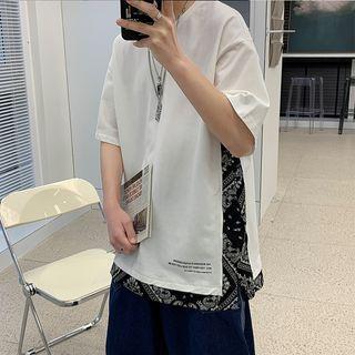 Elbow-sleeve Patterned Panel T-shirt