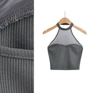 Mesh Panel Halter Crop Tank Top