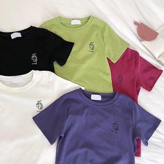 Lettering Picture Embroidered Crewneck Short-sleeve Top
