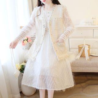 Long-sleeve Lace Paneled Feathered A-line Midi Dress / Tweed Buttoned Vest