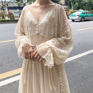Lace Open Front Jacket / Cropped Lace Camisole Top / Midi A-line Mesh Skirt