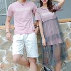 Couple Matching Lettering Short-sleeve T-shirt / Shorts / Set: Short-sleeve T-shirt Dress + Mesh Short-sleeve Midi Dress