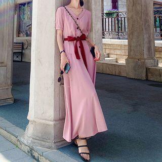 V-neck Button-up Tie-waist Midi A-line Dress