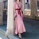 V-neck Button-up Tie-waist Midi A-line Dress