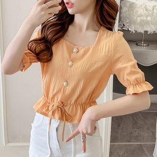 Square-neck Puff-sleeve Chiffon Shirt