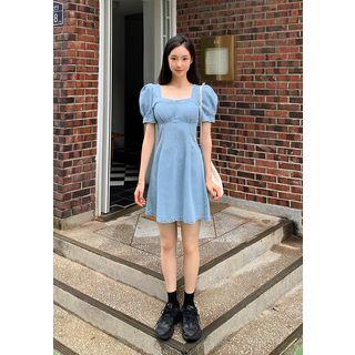 Puff-sleeve Denim Flare Dress
