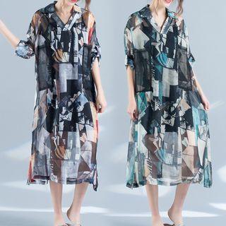 Printed Long-sleeve Midi Chiffon Dress