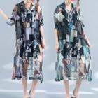 Printed Long-sleeve Midi Chiffon Dress