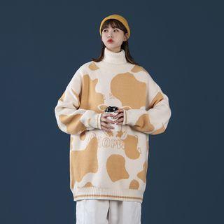 Cow Print Turtleneck Sweater