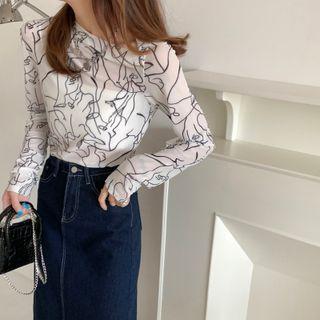 Long-sleeve Print Top White - One Size