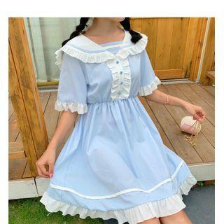 Short-sleeve Frill Trim Sailor Collar A-line Dress
