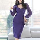 Choker-neck Balloon-sleeve Lace Panel Sheath Dress