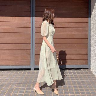 Round-neck Puff-shoulder Foliage Long Dress Light Lime Green - One Size