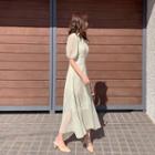Round-neck Puff-shoulder Foliage Long Dress Light Lime Green - One Size