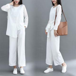 Set: Pinstriped Tie-waist Asymmetrical Hem Top + Wide-leg Pants