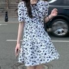 Floral Print Puff-sleeve Lace-up Mini Dress
