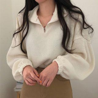 Plain Zip-up Front Ribbed Top