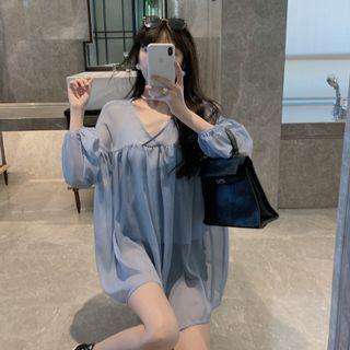 Set: Puff-sleeve Chiffon Blouse + Camisole Top Set Of 2 - Blue - One Size