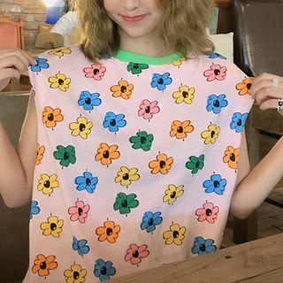 Flower Print Sleeveless T-shirt