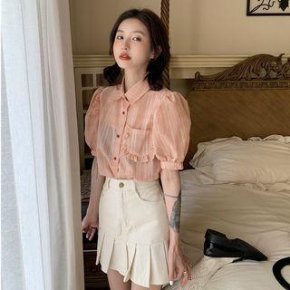 Puff-sleeve Ruffled Shirt / Pleated Mini A-line Skirt