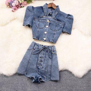 Set: Puff-sleeve Denim Blouse + Lace-up Shorts