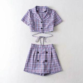 Set: Short-sleeve Plaid Blazer + Skort