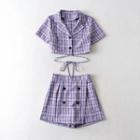 Set: Short-sleeve Plaid Blazer + Skort
