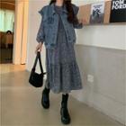 Buttoned Denim Vest / Long Sleeve Floral Print A-line Dress