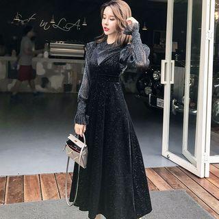 Set: See Through Long-sleeve Top + Strappy A-line Midi Dress