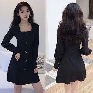 Buttoned Square-neck Long-sleeve Mini A-line Dress