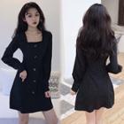 Buttoned Square-neck Long-sleeve Mini A-line Dress