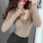 V-neck Button Accent Knit Top