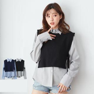 Set: Dip Back Lace-up Sweater Vest + Pinstripe Shirt