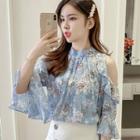 Floral Off-shoulder Ruffle Bell-sleeve Chiffon Top