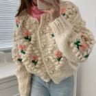 Puff-sleeve Floral Embroidery Cable Knit Cardigan Beige - One Size