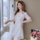 Short-sleeve Floral Embroidered Lace A-line Mini Dress