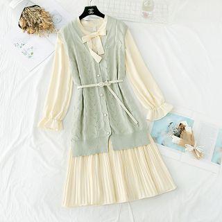Set: Tie-neck Chiffon Dress + Sleeveless Long Knit Cardigan