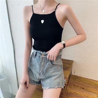 Spaghetti Strap Embroidered Heart Knit Top