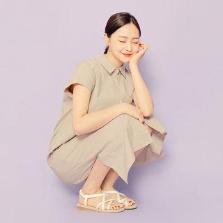 Slit-side Cotton Shirtdress With Sash