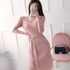 Tie-front Ribbed Midi Knit Dress Pink - One Size