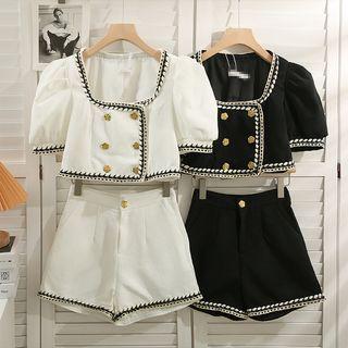 Set: Glitter-trim Double-breasted Crop Top + High-waist Shorts