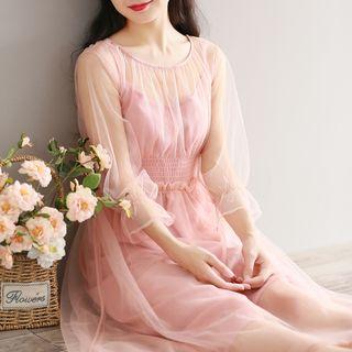 Set: 3/4 Sleeve Mesh Dress + Slipdress