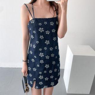 Spaghetti-strap Floral Denim Mini Dress