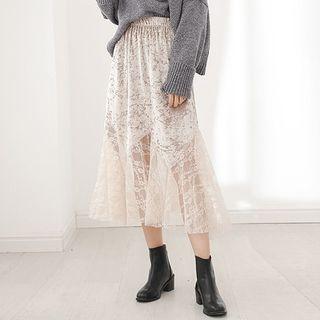 Lace Panel Mermaid Midi Velvet Skirt