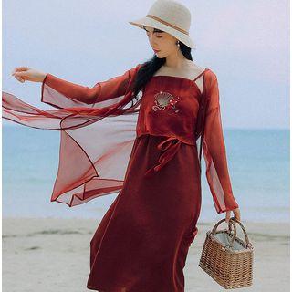 Set: Plain Light Jacket + Embroidered Spaghetti Strap Dress