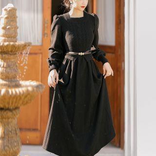 Mock Two-piece Bishop-sleeve Knit Midi A-line Dress