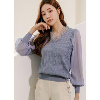 V-neck Bishop-sleeve Lace-trim Blouse