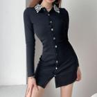 Long-sleeve Zebra Print Collar Mini Bodycon Shirtdress