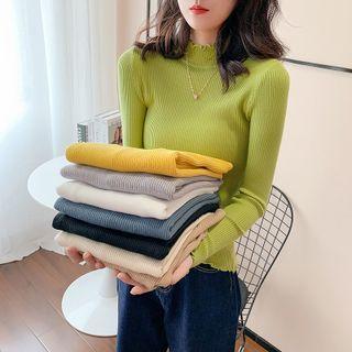 Long Sleeve Mock-neck Ruffle Trim Plain Knit Top