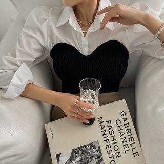 Puff-sleeve Ribbed-knit Panel Blouse